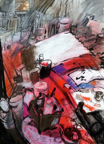 Linde Waber, Atelierzeichnung Maria Moser, o.D., Mischtechnik auf Papier, 63×48 cm, ©Eveline Tilley