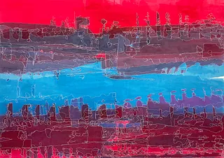 Evelyn Grill, Hinüber, 2020, Siebdruck auf Leinwand bestickt, 110 x 155 cm