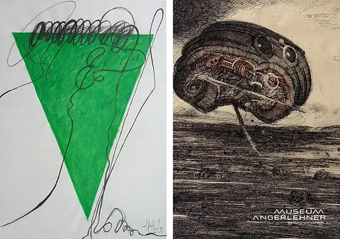links: JOHANN JASCHA, The-Green-Woman-Series, 1980, Graphit, Acryl auf Papier, 96,6 x 70 cm & rechts: OTHMAR ZECHYR, Flugobjekt, 1971, Tusche auf Papier, 83 x 59 cm © Museum Angerlehner